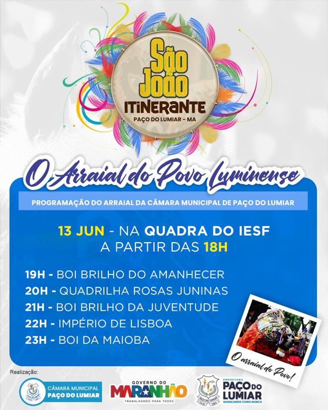 Arraial Itinerante da Câmara de Paço do Lumiar terá atrações gratuitas para celebrar Santo Antônio